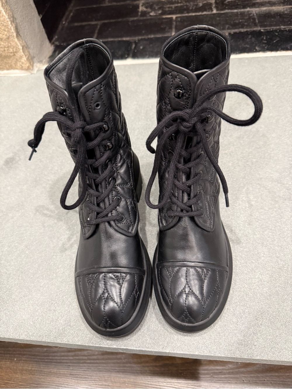 Stuart Weitzman Black Quilted Leather Combat Boots